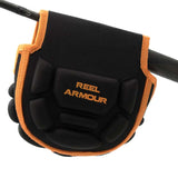 Black and orange spinning reel case back view